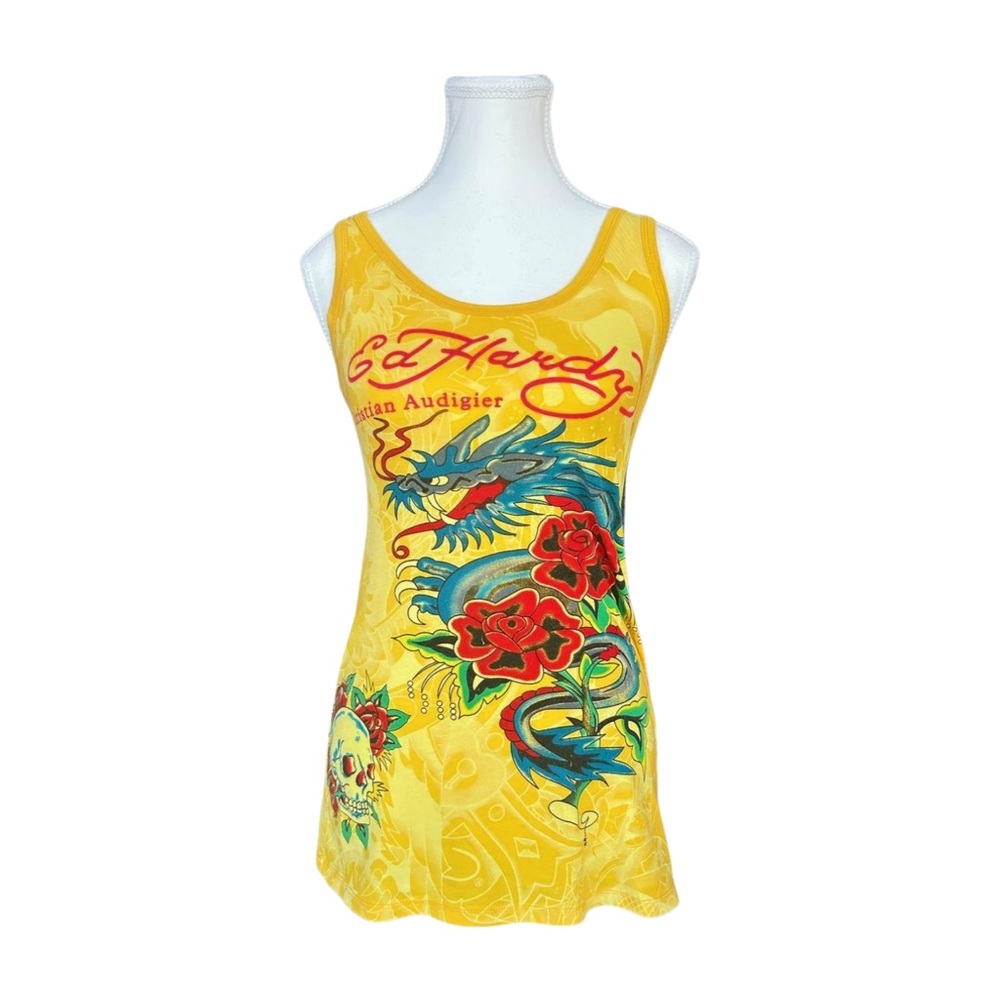 Ed Hardy Yellow Dragon Graphic Tank Dress – Y2K Christian Audigier – XS/S